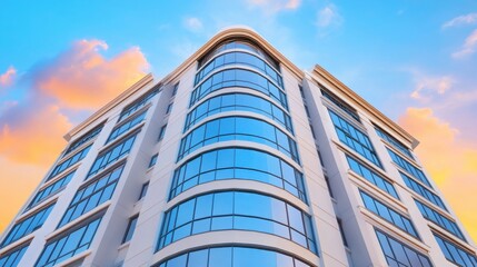 A modern luxury apartment building in an urban setting, featuring large glass windows, warm interior lighting