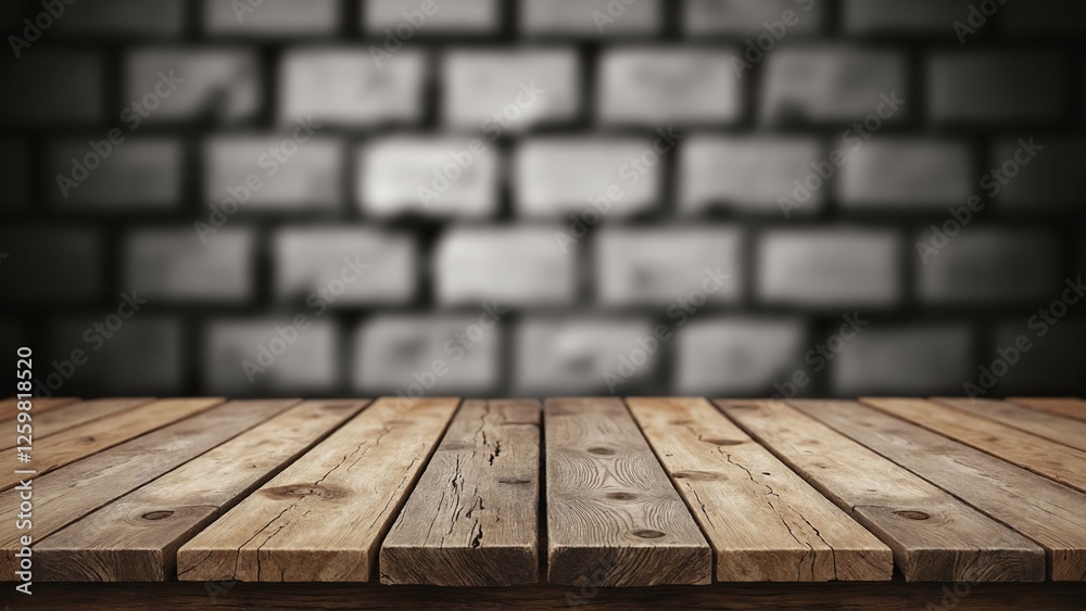 Poster old wood table with blurred concrete block wall in dark room background
