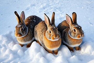 three rabbits are sitting in the snow with their ears up