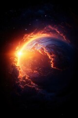 Fototapeta premium Ethereal planet enveloped by fiery cosmic cloud; science fiction concept