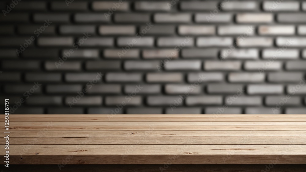 Poster old wood table with blurred concrete block wall in dark room background