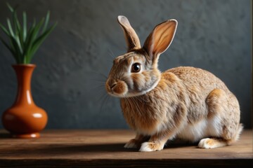 there is a rabbit sitting on a table next to a vase
