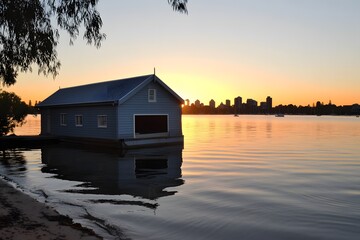 Fototapeta premium Sunset over river, boathouse reflection, city skyline