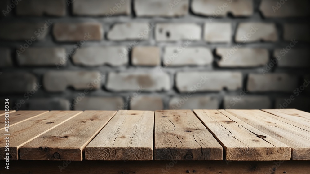 Poster old wood table with blurred concrete block wall in dark room background