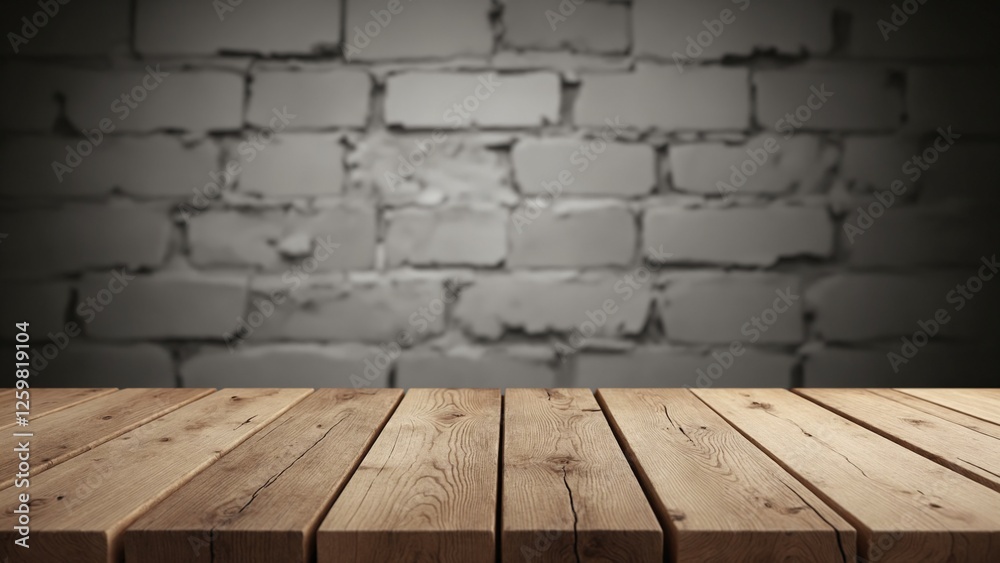 Poster old wood table with blurred concrete block wall in dark room background
