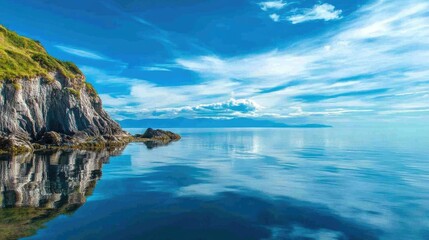 Fototapeta premium Calm sea with a blue sky background creating a peaceful atmosphere