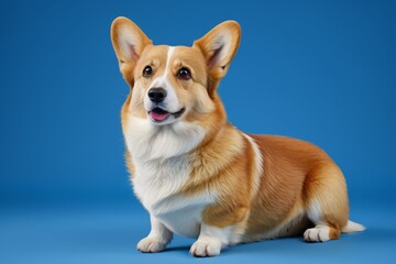 arafed dog sitting on a blue surface with a blue background