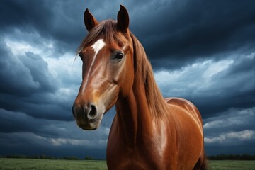 Fototapeta premium there is a brown horse standing in a field under a cloudy sky