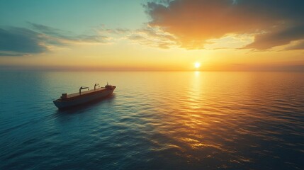 Fototapeta premium Cargo ship in the ocean at sunset with a blue sky and copy space for text