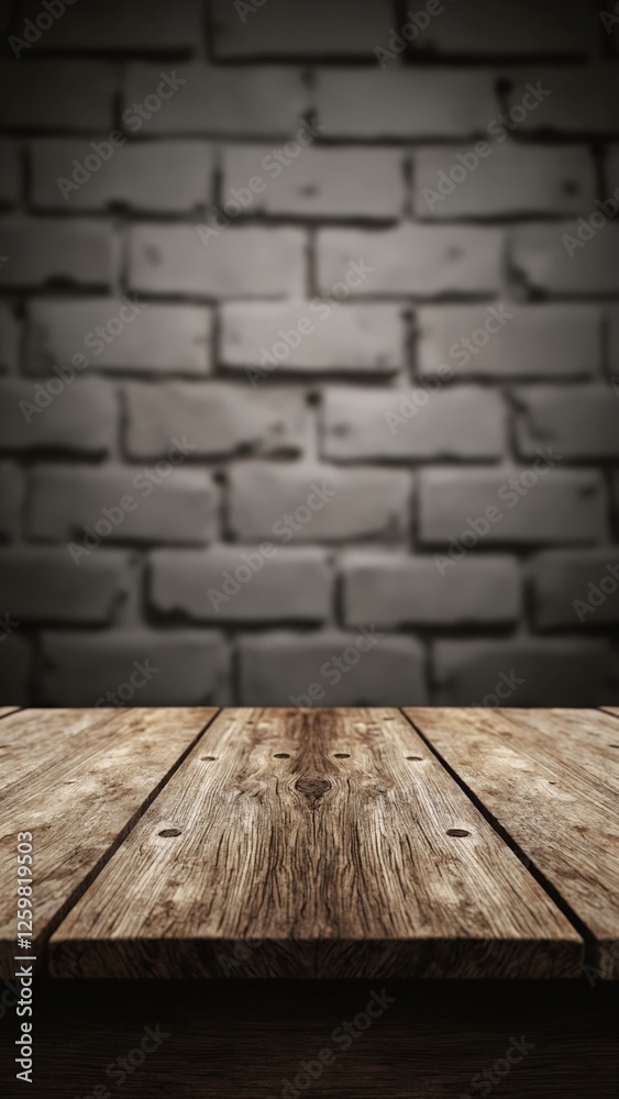 Poster old wood table with blurred concrete block wall in dark room background