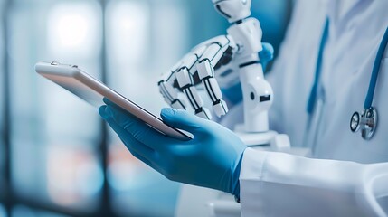 Doctor uses a tablet, assisted by a robotic arm, showcasing advanced medical technology.