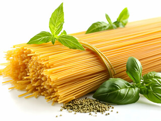 Fresh pasta with basil on white background, culinary, cooking ingredient