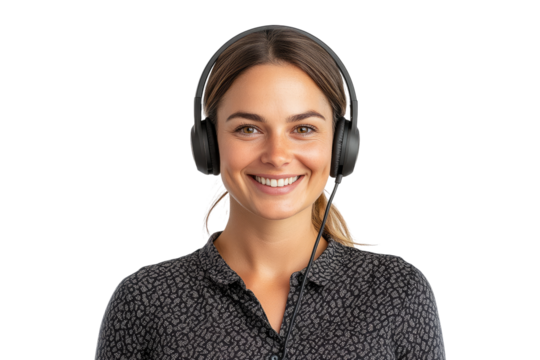 Smiling female customer service representative wearing headset isolated on white or transparent, PNG