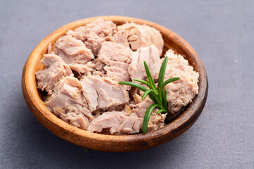 Canned tuna in bowl photography . Top view