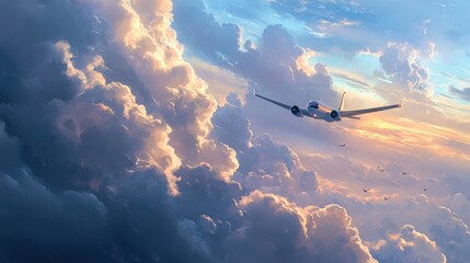 Golden Hour Flight: Airplane Soaring Above Majestic Clouds