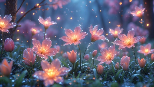 Dreamlike Twilight Flowers with Luminous Effect: Glowing Lily-like Blossoms and Sparkling Lights in a Gentle Evening Ambiance for Calming Screen Savers or Ethereal Digital Art Creations and Designs