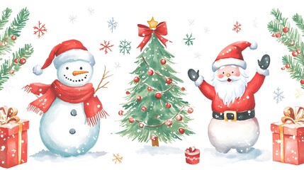 Watercolor christmas illustration featuring santa snowman and christmas tree