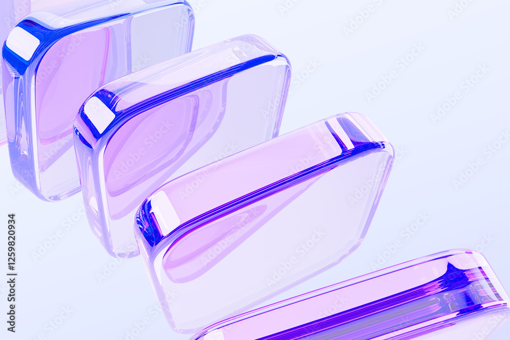 Poster Abstract 3d background with row of glass holographic transparent square plates render. Dynamic tech banner with crystal cube block shapes. Iridescent gradient wave line pattern. 3D illustration