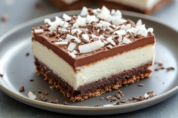 Slice of nanaimo bar with coconut flakes, displayed on a plate for catering
