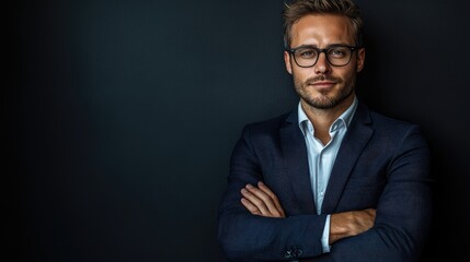 A confident man in a stylish blazer poses against a dark background, exuding charisma and sophistication with glasses and a well-groomed appearance.