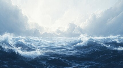 Fototapeta premium Cloudy skies and white foam splashes over serene ocean waves