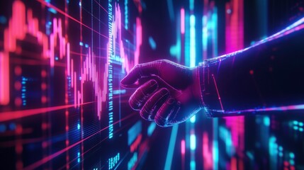 Futuristic Digital Hand Reaching Toward Colorful Data Visualization