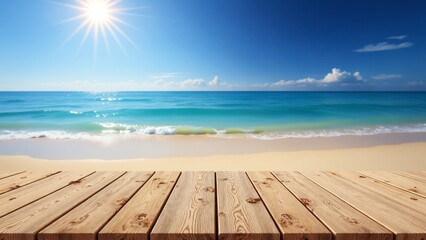 Fototapeta premium Wooden floor or plank on sand beach in summer. For product display. Calm Sea and Blue Sky Background