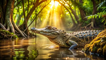 Fototapeta premium A Young Caiman Rests in the Golden Sunlight Filtering Through the Lush, Tropical Forest Canopy, Its Scaly Skin Gleaming