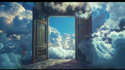 Open door leading to breathtaking cloudscape with glowing light for symbolizing hope freedom new beginnings and a journey beyond the known in surreal visionary dreamscape concept.