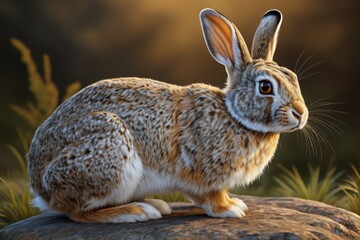 Fototapeta premium there is a rabbit that is sitting on a rock in the grass