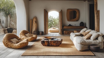 Cozy and Modern Living Room with Natural Elements and Textures
