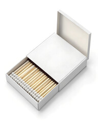 A box of matches with a white label is open, revealing the matches inside.
