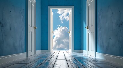 Naklejka premium Surreal image of an open door revealing a breathtaking sky, symbolizing new beginnings and possibilities.