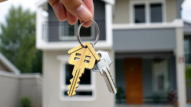 Hand Holding House-Shaped Keychain and Metal Key Against Background of Modern Residential Home Representing New Beginnings and Ownership