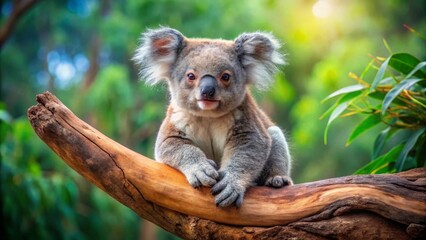 A charming koala joey, perched serenely on a weathered branch, gazes directly at the viewer in a lush, sun-dappled forest setting.