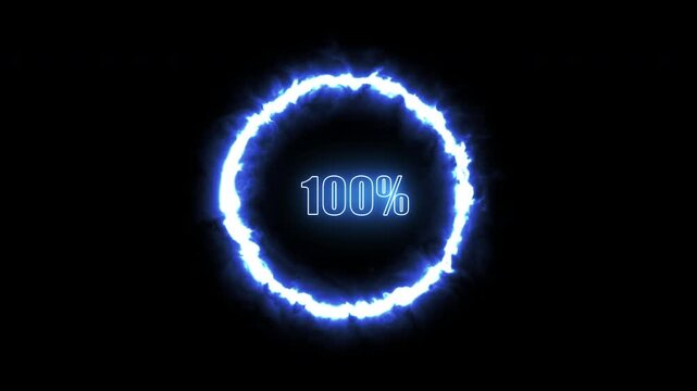 Animation of a glowing blue loading circle with dynamic particles, reaching 100%, symbolizing completion and progress, suitable for user interfaces.