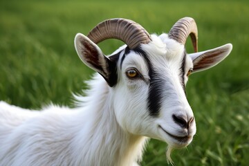 there is a goat with horns standing in a field of grass