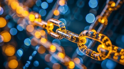 Close-up of a glowing chain representing blockchain technology.  Secure digital connections.