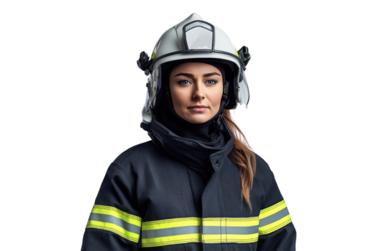 Serious female firefighter in protective uniform and helmet isolated on white or transparent, PNG