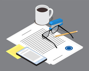 Isometric coffee mug, work documents, smartphone and office supplies on empty workspace of tired office worker. Burnout at work. Realistic 3D vector concept isolated on white background