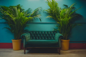 Fototapeta premium Teal room with couch and palm trees. Interior design. Potential use Home decor