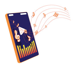 Isometric smartphone and musical notes floating along musical chord lines. Listening of melodies and compositions in phone and portable devices. 3D vector concept isolated on white background