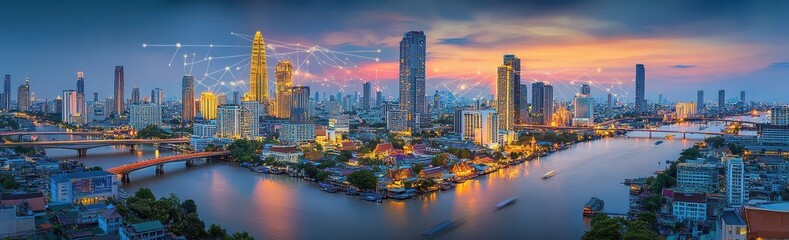Naklejka premium Cityscape at Dusk with River and Connections