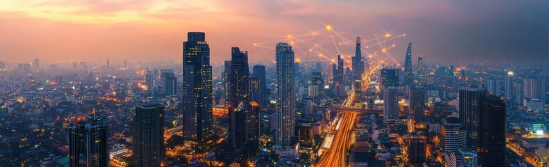 Fototapeta premium City Skyline at Dusk with Network Connections