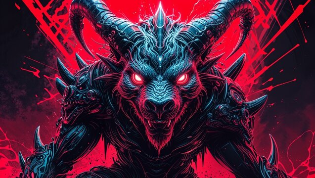 A beast face black and red color tone , Dark art style.