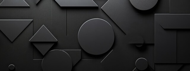 Abstract minimalist wallpaper with sleek triangles and circles on black background. Banner template with white center text area. Ideal for modern designs.