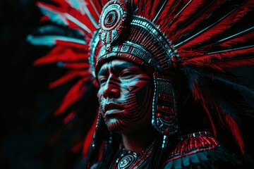 Fototapeta premium Aztec man adorned in ceremonial feathers stands in forest, depicting rich history