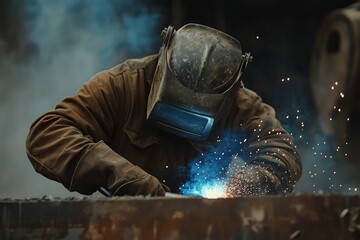A young welder in a brown uniform and protective gear skillfully operates an arc welding machine at a bustling construction site. Bright blue sparks fly dramatically to the sides, captured in stunning