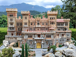 Fototapeta premium Miniature castle model, mountains background, detail garden