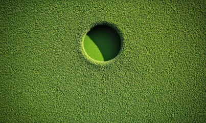 Golf hole on green, top view, sunny day,  background of vibrant grass